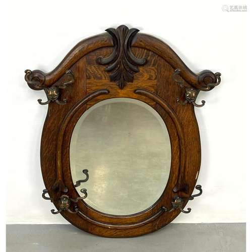 ANTIQUE OAK COAT RACK MIRROR WITH DECORATIVE TOP AND METAL H...