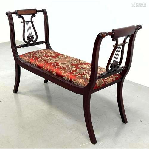 LYRE SIDE MAHOGANY BENCH WITH HARP DECORATION.