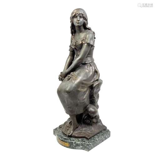 FRENCH STYLE BRONZE FIGURAL SCULPTURE. SEATED YOUNG GIRL WIT...