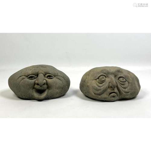 PAIR DECORATIVE CAST STONE GARDEN ROCKS DEPICTING WHIMSICAL ...