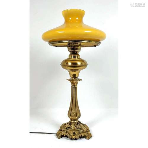 HEAVY BRASS ELECTRIFIED OIL LAMP. AMBER GLASS SHADE.