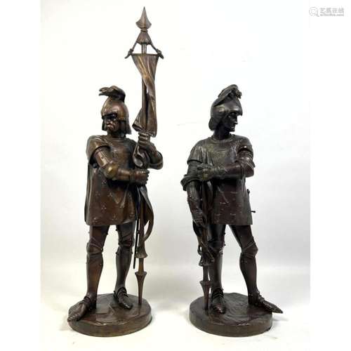 TWO METAL SOLDIER WARRIOR FIGURES SCULPTURES. METAL HELMETS ...