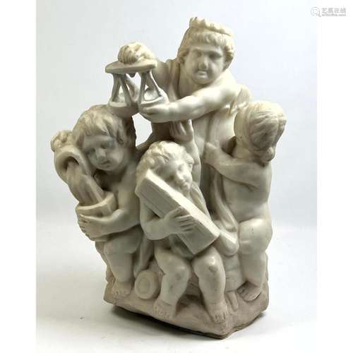 CARVED MARBLE PUTTI SCULPTURE. LOTS OF SMALL FIGURES.