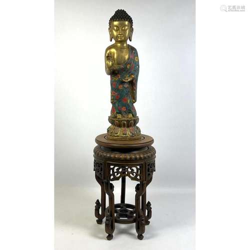 ENAMELED BUDDHA FIGURE SCULPTURE. SEPARATE ORNATE CARVED WOO...