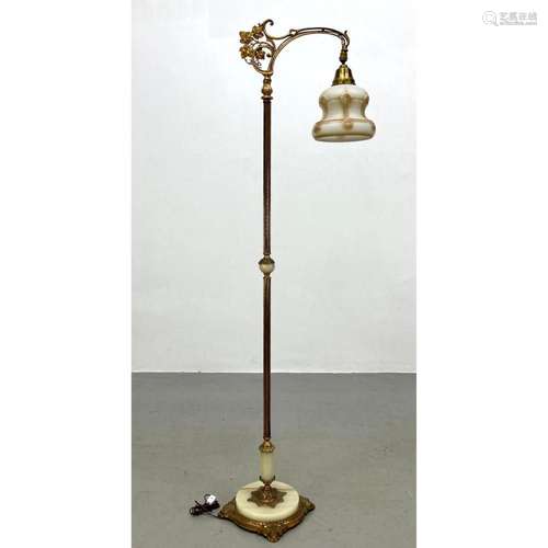 BRASS AND AGATE BRIDGE FLOOR LAMP. VINTAGE GLASS SHADE