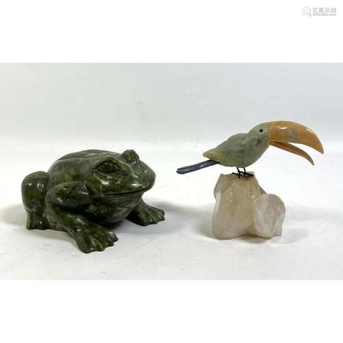 TWO CARVED HARDSTONE FIGURES SCULPTURES. GREEN STONE FROG. T...