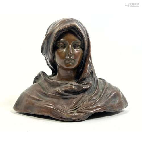 BRONZE PORTRAIT BUST SCULPTURE. WOMAN WITH HEAD SHAWL. MARKE...