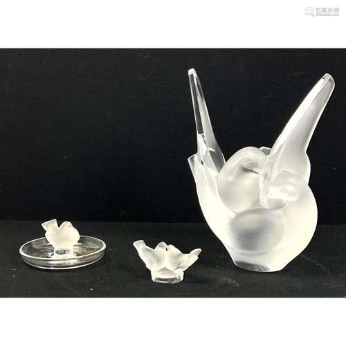 RESELL ANTIQUE 3 PIECES LALIQUE CRYSTAL . BIRD VASE AND 2 SM...