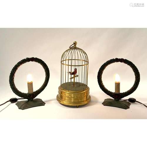 VINTAGE LOT. AUTOMATON BIRD CAGE AND PAIR IRON CHRISTMAS WRE...