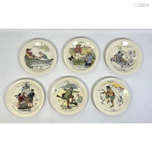 SET 6 BOCH FRERES SPORTING HUMOR PLATES. MARKED BELGIUM. LES...