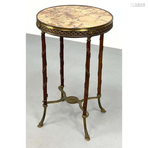 ANTIQUE FRENCH MARBLE TOP GUERIDON TABLE. GILT METAL TRIM AN...