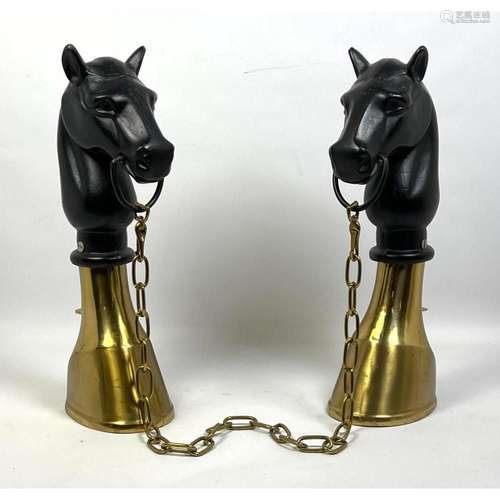 BRASS AND IRON FIGURAL HORSE HEAD ANDIRONS. BRASS HOOF BASES...