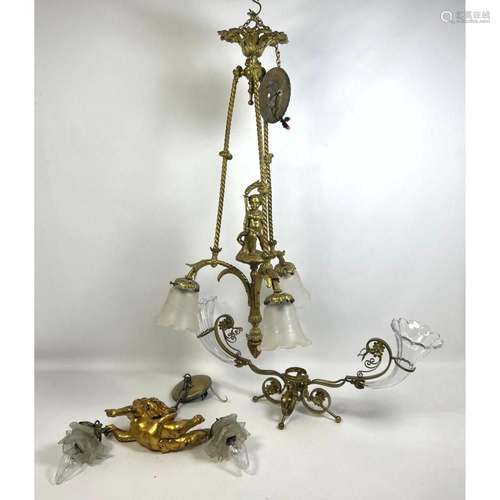 VINTAGE GOLD FINISH HANGING CHANDELIER WITH CHERUB. METAL ST...