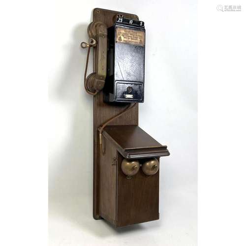 BELL TELEPHONE WOOD AND BRASS WALL TELEPHONE. ANTIQUE. COMMU...