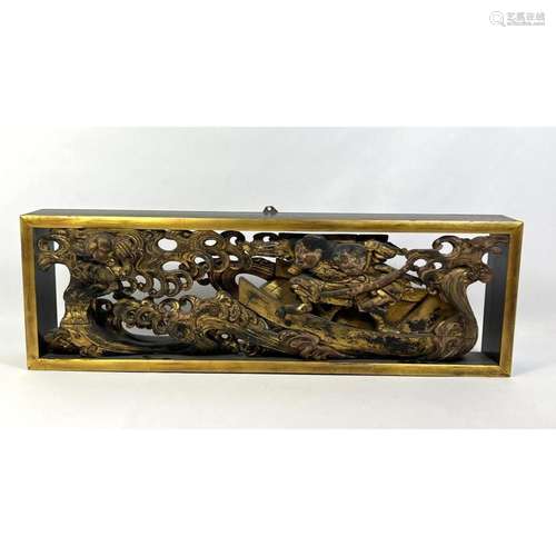 LONG GILT FINISH CARVED WOOD ASIAN FRIEZE PANEL. WARRIOR SOL...