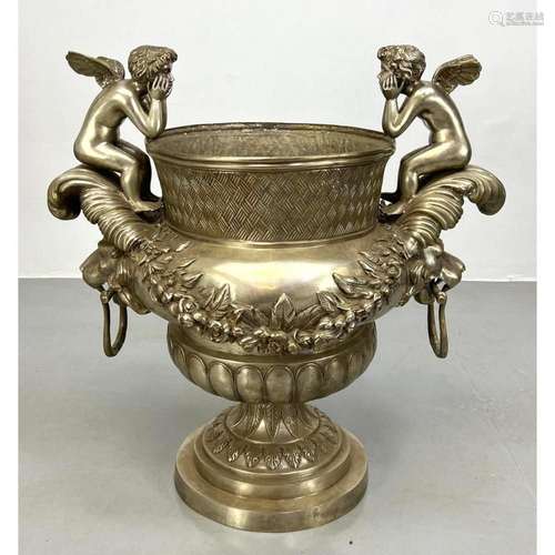 LARGE NICKEL COATED FRENCH STYLE URN PLANTER. WITH CHERUB AN...