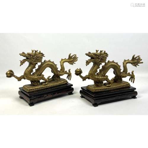 PR FIGURAL BRASS DRAGON SCULPTURES. WOOD BASES