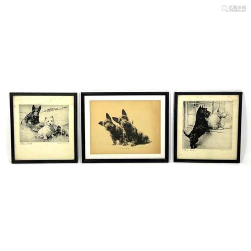 3PC VINTAGE CAIRN TERRIER AND SCOTTIE DOG ART. FRAMED. MORGA...