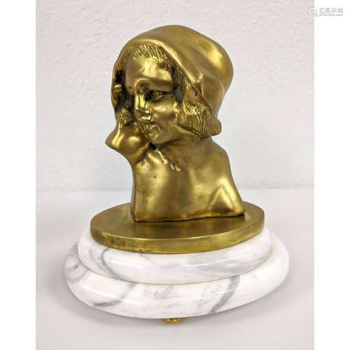 BRASS PORTRAIT BUST OF YOUNG CHILD STEPPED MARBLE BASE. UNSI...