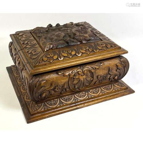 ANTIQUE CARVED WOOD BOX. CARVED LID WITH SAINT GEORGE AND TH...