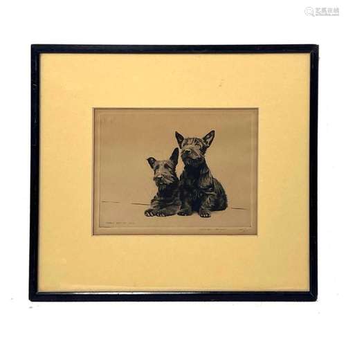 VINTAGE SIGNED MORGAN DENNIS PRINT. SCOTTIES. TWO BLACK SCOT...