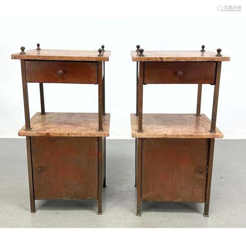 PAIR ARTS AND CRAFTS MARBLE AND BRASS SIDE TABLE STANDS.