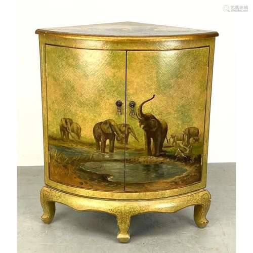 HAND PAINTED TWO DOOR CORNER CABINET. LANDSCAPE SCENES WITH ...