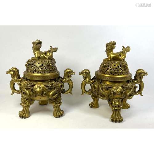 PR ELABORATE BRASS CENSORS. ORNATE FIGURAL SCULPTURAL DRAGON...