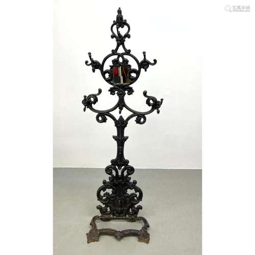 BLACK PAINTED DECORATIVE IRON STANDING COAT RACK. FANCY META...