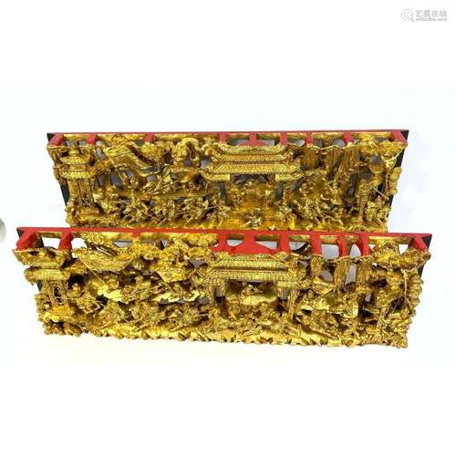 2PC GILT CARVED WOOD ASIAN RELIEF SCENIC PANELS. WARRIORS SO...