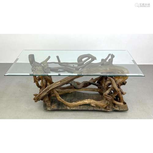 ORGANIC DRIFTWOOD GLASS TOP COFFEE TABLE. ASSEMBLED DRIFTWOO...