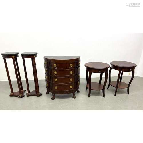 5PC MAHOGANY STANDS, TABLES AND SMALL DEMI LUNE CHEST. PR GR...