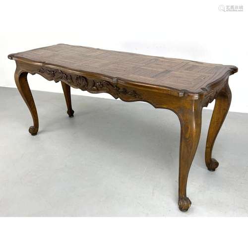 CARVED SHELL AND FLORAL TRIM DESK CONSOLE TABLE. PARQUETRY T...