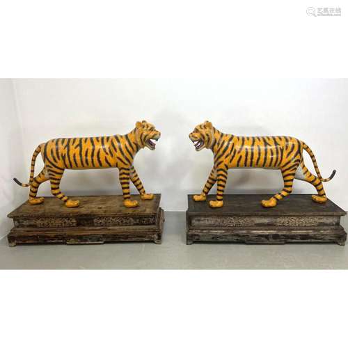 PR LARGE 3  TALL CLOISONNE ENAMEL TIGER SCULPTURES. STATUE H...