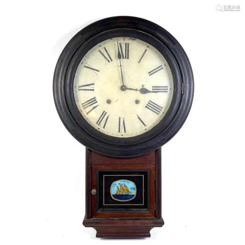 E.N. WELCH 8 DAY WALL CLOCK. WOOD CASE WITH EGLOMISE THREE M...