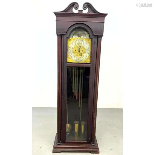 VINTAGE MAHOGANY TALL CASE GRANDFATHER S CLOCK. BRASS AND ME...