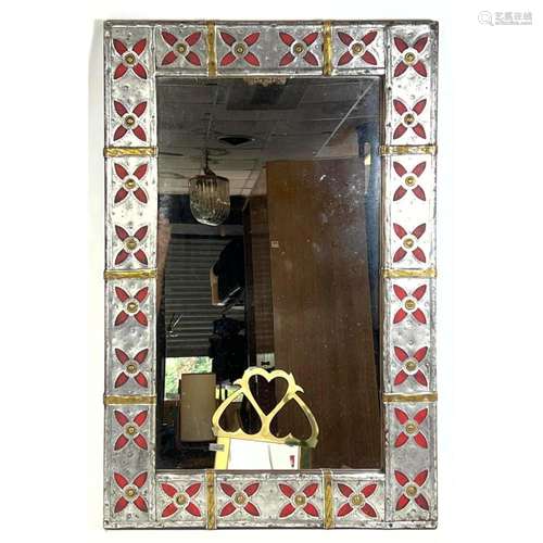 PUNCHED TIN FRAMED WALL MIRROR. RED AND BRASS ACCENTS, WOOD ...