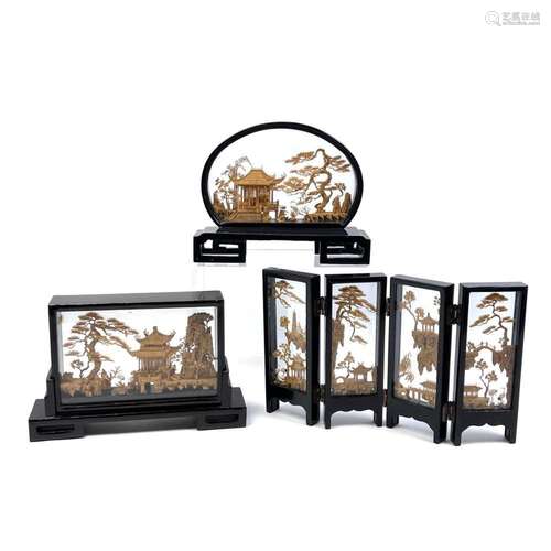 3PC VINTAGE CHINESE CARVED CORK LANDSCAPE ART. TWO FRAMED CO...