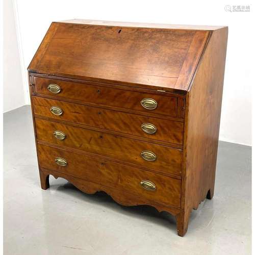 ANTIQUE DROP FRONT DESK. SCALLOPED BASE TRIM. BRASS PULLS