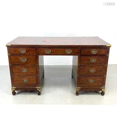 CAMPAIGN STYLE KNEE HOLE DESK WITH BRASS ACCENTS.