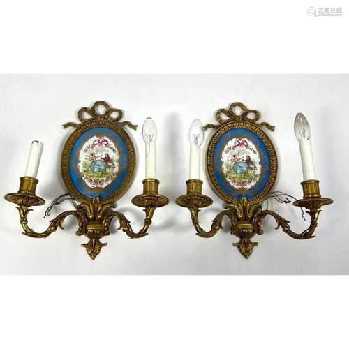 PR TWO ARM BRASS WALL SCONCES. OVAL PORCELAIN MEDALLION ELEM...