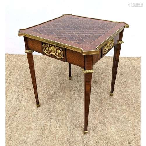 PARQUETRY INLAID FRENCH STYLE SIDE TABLE. GILT ORMOLU TRIM D...