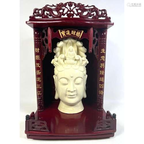 ORNATE CARVED ASIAN DISPLAY SHELF. GLAZED POTTERY HEAD. HEAD...