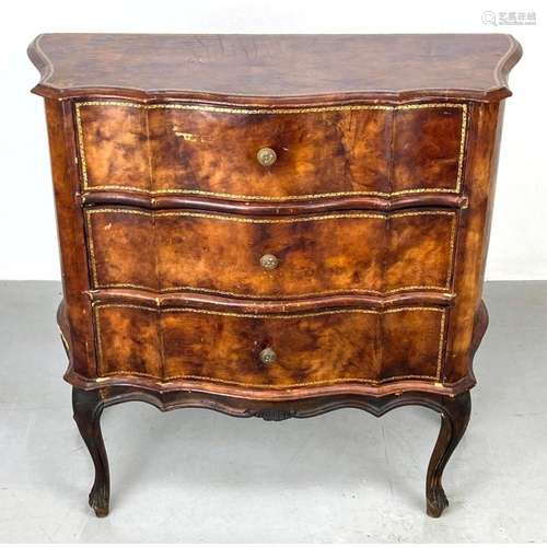 LEATHER COVERED THREE DRAWER CHEST DRESSER. CARVED WOOD FREN...