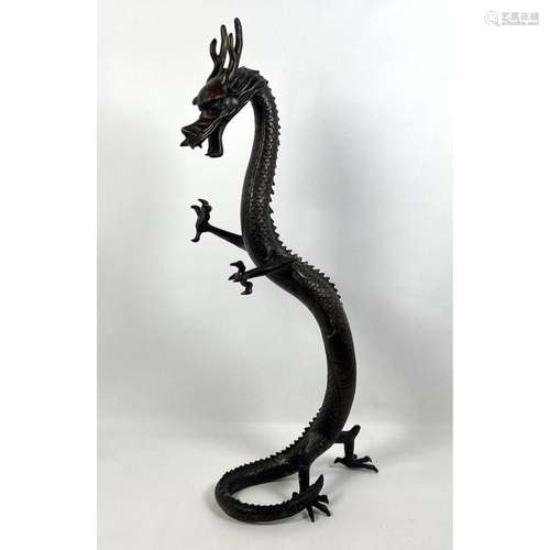 TALL DETAILED BRONZE DRAGON SERPENT SCULPTURE. UNUSUAL STAND...