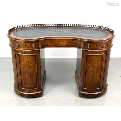 BURL WOOD ENGLISH STYLE KIDNEY DESK WITH BRASS GALLERY AND L...