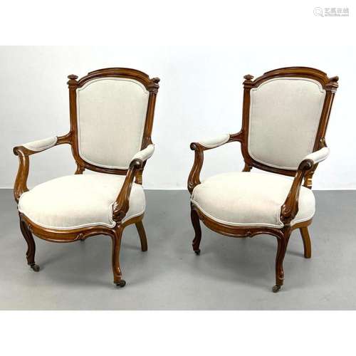 PR FRENCH STYLE FAUTEUIL ARM CHAIRS. CARVED WOOD FRAMES. OFF...