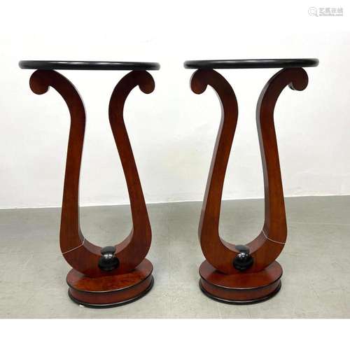 PR LYRE FORM BURL WOOD TOP DISPLAY PEDESTALS. EBONIZED ACCEN...