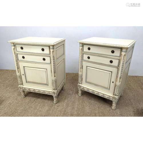 CREAM PAINTED FRENCH PROVINCIAL NIGHT STANDS. BLUE PAINT HIG...