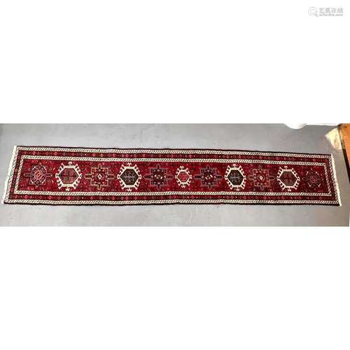 2 3 X 13  HANDMADE ORIENTAL RUNNER RUG. RED FIELD WITH BLUE.